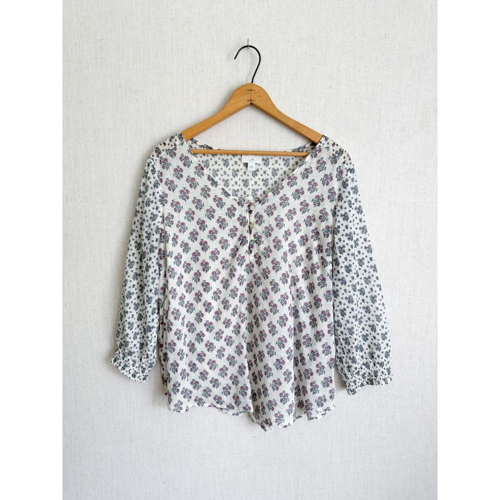 J.Jill Floral Blouse Boho Cotton Gauze V-Neck Top Medium White Pink Blue Peasant